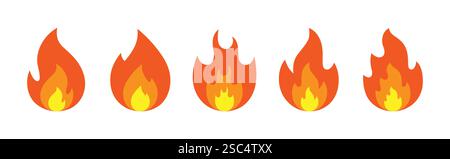 Fire icon set. vector illustration. orange and yellow fire icon, animated fire icon in different style. Stock Vector