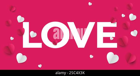 Love Horizontal banner with pink background. Love Happy Valentine's day sale header or voucher template with hearts. pastel colors Stock Vector
