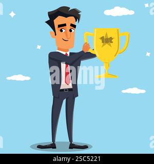 Businessman holding a 1st place golden trophy, success or victory in business concept, company winning or achieving a goal idea, succeed in career Stock Vector