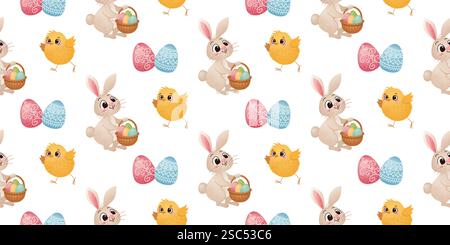 Easter Rabbits, Chicks, and Eggs Pattern. Seamless pattern with Easter rabbits, decorated eggs, yellow chicks on a white background. Holiday spring Stock Vector
