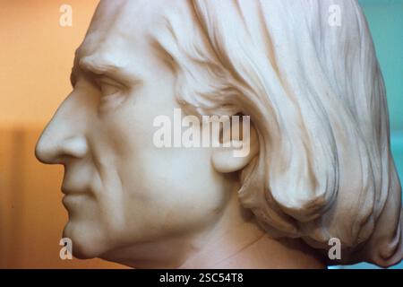 Side view of a marble bust depicting Franz Liszt with long hair in a museum setting. Stock Photo