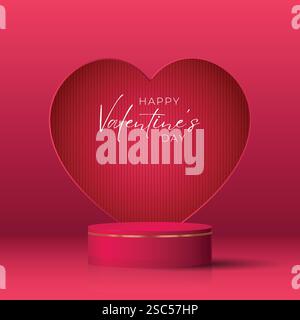 Happy valentine day dark red pink background with cylinder podium. Vector geometric platform. Abstract mockup product display. Minimal scene. Stock Vector