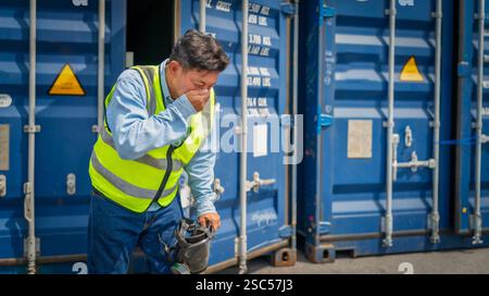 Engineer or foreman has an accident while working on Container ship. Logistics global import or export shipping industrial concept. Stock Photo