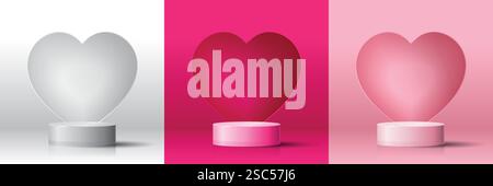 Set of 3D valentine day background white, magenta, pink cylinder podium with heart shaped background. Vector geometric platform. Abstract mockup Stock Vector