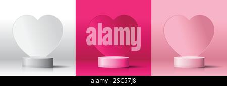 Set of 3D valentine day background white magenta pink cylinder podium with gradient heart shape background. Vector geometric platform. Abstract mockup Stock Vector