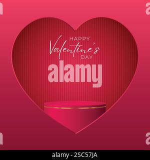 Happy valentine day dark red pink background with cylinder podium inside heart. Vector geometric platform. Abstract mockup product display. Stock Vector