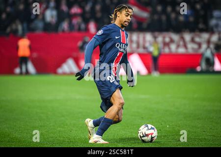 Brest, France. 01st Feb, 2025. Bradley BARCOLA of PSG during the French championship Ligue 1 football match between Stade Brestois (Brest) and Paris Saint-Germain on 1 February 2025 at Francis Le Ble stadium in Brest, France - Photo Matthieu Mirville/DPPI Credit: DPPI Media/Alamy Live News Stock Photo