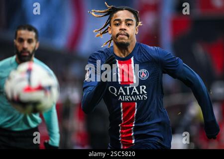 Brest, France. 01st Feb, 2025. Bradley BARCOLA of PSG during the French championship Ligue 1 football match between Stade Brestois (Brest) and Paris Saint-Germain on 1 February 2025 at Francis Le Ble stadium in Brest, France - Photo Matthieu Mirville/DPPI Credit: DPPI Media/Alamy Live News Stock Photo