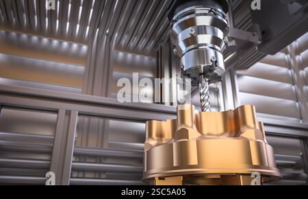 Cnc machine working on a metal part in a factory 3d background Stock Photo