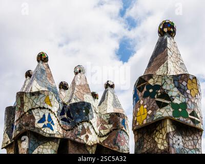 Close- up of the chimneys on the roof terrace of Casa Batlló designed by Antoni Gaudi, in Barcelona, Spain. Stock Photo
