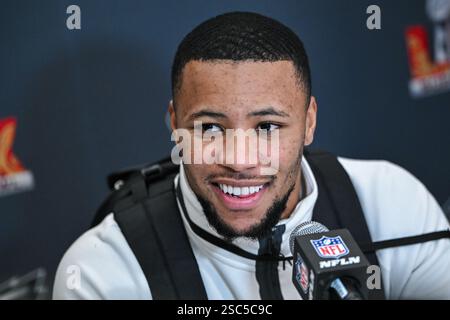 Hilton Riverside Conference Philadelphia Eagles running back Saquon Barkley, left, talks with ...