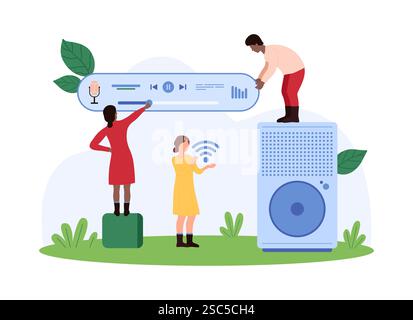 Tiny people interacting with a sound speaker, focusing on audio technology, music, and sound engineering, highlighting modern sound systems vector illustration. Stock Vector