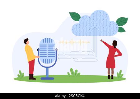 Tiny people with a microphone and cloud, illustrating audio recording, cloud storage, and digital sound technology vector illustration. Stock Vector