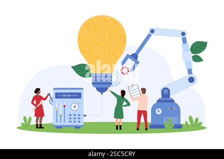 Tiny people working on a tech idea, focusing on innovation and engineering, highlighting technological advancements and creative problem-solving vector illustration. Stock Vector