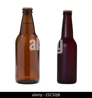 Brown glass beer bottle set, vector mockup template. Pub lager amber blank isolated illustration for label design. Craft ale brew packaging, no brand Stock Vector