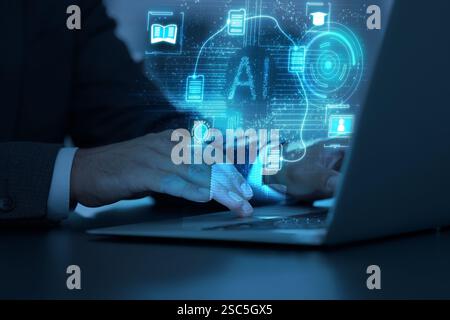 Artificial intelligence. Man using laptop at table, closeup. Scheme with AI and other icons over computer. Toned in blue Stock Photo