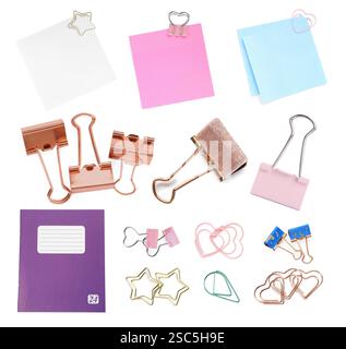 Different paper clips and other stationery isolated on white, set Stock Photo