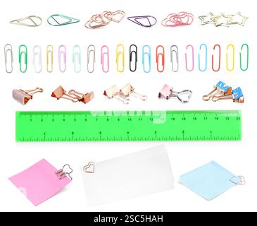 Different paper clips and other stationery isolated on white, set Stock ...