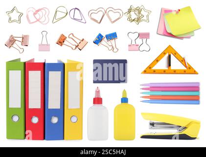 Different paper clips and other stationery isolated on white, set Stock Photo