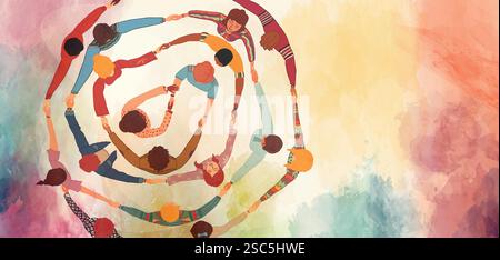 Group people in circle from diverse culture holding hands.Teamwork and cooperation.Community of friends or volunteers committed to social issues.Equal Stock Vector