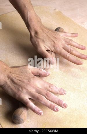 Homemade pasta preparation in Tuscany. The image shows the hands of a woman rolling, shaping and cutting fresh pasta dough, pappardelle & gnocchi. Stock Photo