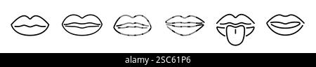 Minimalist Line Art Vector Lips Icon Set Showing Various Expressions and Tongue Out Stock Vector