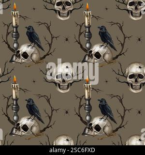 Halloween seamless pattern with raven on the skull, vintage candelabrum with candle, spider and branches. Watercolor illustration on the brown Stock Photo