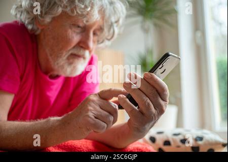An elderly man in a pink shirt attentively using his smartphone while relaxing at home, with natural light streaming in through the window. Stock Photo