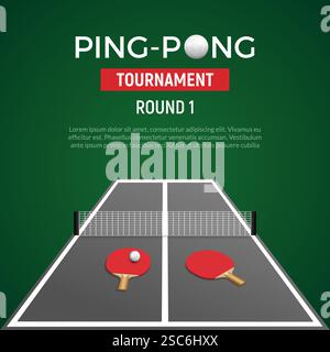 Ping pont tennis tournament poster background. Ping pong table with ball racket championship green illustration Stock Vector