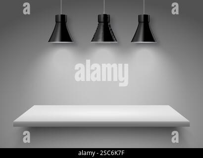 Spotlight shelf on wall background vector design. Light gallery spot empty room advertising shelf white lamp Stock Vector