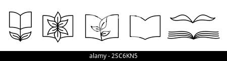 A set of minimalist vector logos featuring open book designs with leaves.  Stock Vector