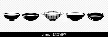 Vector Black Bowl Icons. Minimalist Food Icon Set, Soup Bowl, Cooking Dish, Modern Kitchenware Design. Elegant Tableware, Restaurant Logo, Simple Stock Vector