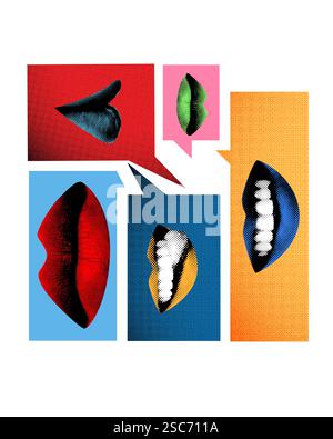 Abstract art collage. Lips in speech bubbles with contrasting expressions highlight diversity of speech, tone, and meaning in ongoing dialogue and Stock Photo