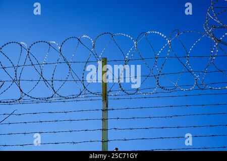 Barbed wire fence against blue sky Stock Photo