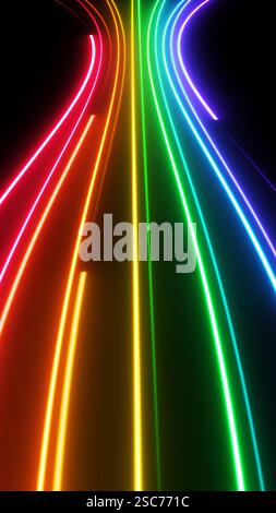 Rainbow colored neon light lines flowing on a dark background, representing the colors of pride Stock Photo