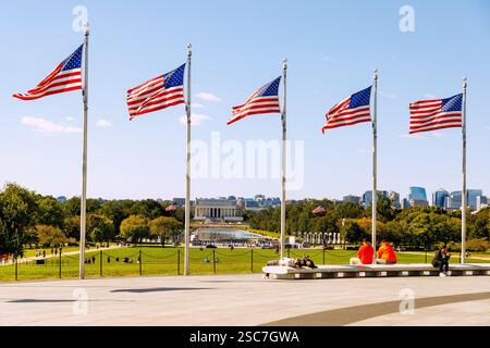 View from the Washington Monument to the Reflecting Pool and Lincoln Memorial at the National Mall and Memorial Parks in Washington DC, District of Co Stock Photo