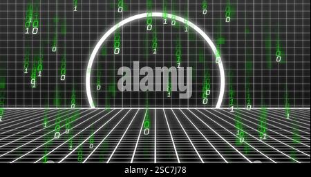 Green binary code and grid patterns over digital tunnel image Stock Photo