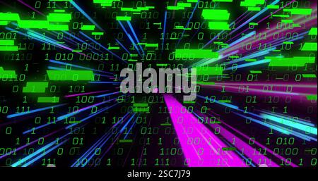 Binary code and data stream image over colorful light streaks Stock Photo