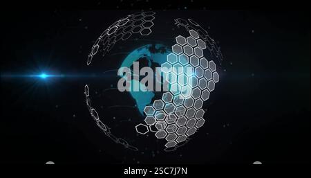 Hexagonal grid image forming over rotating globe on dark background Stock Photo