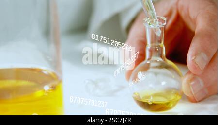Pouring liquid into flask, scientific data image over laboratory experiment Stock Photo