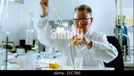 Scientist conducting experiment with pipette, data processing image over laboratory scene Stock Photo
