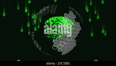 Green brain and hexagonal patterns with binary code image on dark background Stock Photo