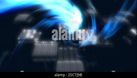 Binary code and data processing image over swirling blue light effects Stock Photo