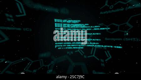 Chemical structures and molecular formulas image over dark background with floating particles Stock Photo