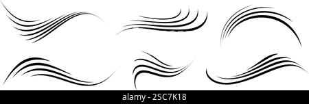 Wind motion line set. Flowing waves collection. Blowing hurricane, breeze or storm lines concept. Black swirls, curves and spirals bundle. Air movement and gust symbol pack. Vector Stock Vector