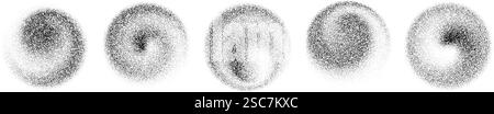 Dotted spiral gradient shapes. Black stippled swirl object set. Grainy spray circles collection. Noise wave splashes and splatters forms. Dissolving sand dust texture. Vector fading halftone elements Stock Vector
