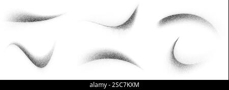 Stippled curved brush strokes set. Wavy grainy spray elements collection. Black flowing sand splashes pack. Dotted noise gradient shades bundle. Splattered dust particle textured waves. Vector Stock Vector
