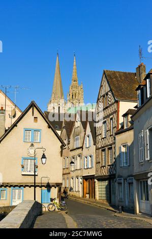 Bouju bridge and Bourg street with spires of the Cathedral in the background, Chartres, Eure-et-Loir department, Centre-Val de Loire region, France, E Stock Photo