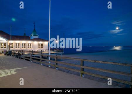 The moon over the Ahlbeck pier in the evening, Baltic Sea, Usedom Island, Ahlbeck, Mecklenburg-Western Pomerania, East Germany, Germany, Europe Stock Photo