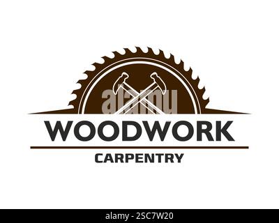 Woodwork and carpentry service icon with circular saw blade and crossed hammers, vector emblem. Carpenter workshop and handyman woodwork repair or ser Stock Vector